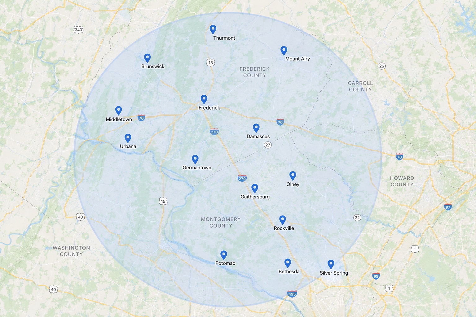 Map of our service area across Frederick County and Montgomery County, Maryland, and surrounding areas — including Frederick, Thurmont, Mount Airy, Brunswick, Middletown, Urbana, Rockville, Gaithersburg, Germantown, Damascus, Olney, Potomac, Bethesda and Silver Spring.